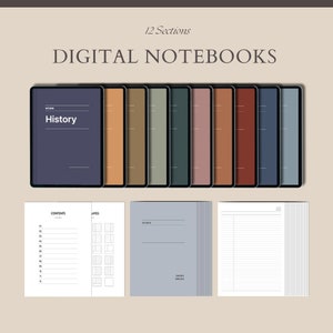 Pode incluir: Doze cadernos digitais com capas de diferentes cores. As capas são em vários tons de marrom, verde, rosa, vermelho e azul. Os cadernos estão abertos para mostrar uma página de índice e uma página pautada. O texto "History" está na capa de um dos cadernos.