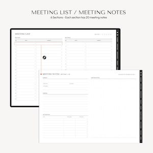 K&ouml;nnte beinhalten: Ein schwarz-wei&szlig;er druckbarer Planer mit einem Rasterlayout zur Organisation von Meetings. Der Planer enth&auml;lt Abschnitte f&uuml;r Meetinglisten und Notizen mit Platz f&uuml;r Thema, Datum, Uhrzeit, Ort, Teilnehmer, Agenda und Aktionsplan.
