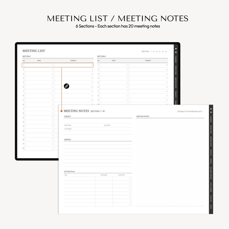 K&ouml;nnte beinhalten: Ein schwarz-wei&szlig;er druckbarer Planer mit einem Rasterlayout zur Organisation von Meetings. Der Planer enth&auml;lt Abschnitte f&uuml;r Meetinglisten und Notizen mit Platz f&uuml;r Thema, Datum, Uhrzeit, Ort, Teilnehmer, Agenda und Aktionsplan.