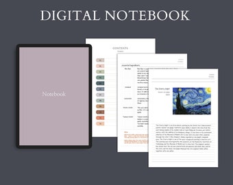 May include: A digital notebook with 12 sections, each with a different color. The notebook has a pink cover and the text "Notebook" is written on the cover. The contents of the notebook are shown on the right side of the image. The contents include a list of essential ingredients, a list of commands, a list of lamp handles, a list of natural cloths, a list of tapas stands, and a description of the painting "The Starry Night" by Vincent van Gogh.