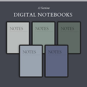 Peut inclure: Cinq carnets numériques avec le mot "NOTES" imprimé sur chacun. Les carnets sont dans différentes nuances de vert et de bleu.