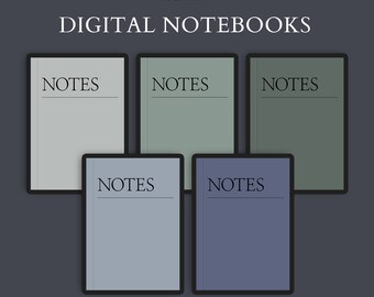 以下が含まれることがあります： 「NOTES」と印刷された5つのデジタルノート。ノートは緑と青のさまざまな色合いです。