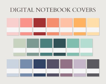 May include: A set of 30 digital notebook covers in various colors. The covers are arranged in three rows of ten. The covers are all the same size and shape, and they have a white border around the edge. The covers are all blank, except for the text "DIGITAL NOTEBOOK COVERS" at the top of the image.