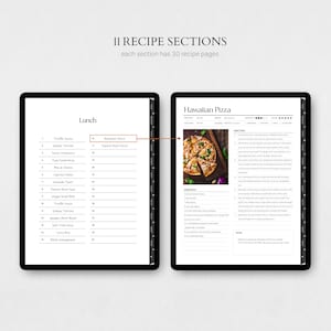 May include: A digital recipe book with a section for lunch recipes and a section for Hawaiian pizza recipes. The lunch section has a list of 30 recipes, including truffle taste, tartare, tomato basil pasta, and soft tofu stew. The Hawaiian pizza section has a photo of a pizza with ham, pineapple, and cheese. The text on the page says "11 Recipe Sections, each section has 30 recipe pages."