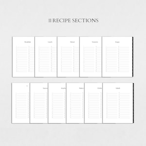 May include: A printable recipe planner with 11 sections for organizing recipes. The sections include Breakfast, Lunch, Dinner, Desserts, Soups, Snacks, Sauces, Sides, Bakery, Drinks, and Salads.