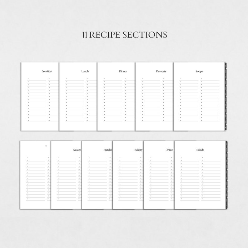 May include: A printable recipe planner with 11 sections for organizing recipes. The sections include Breakfast, Lunch, Dinner, Desserts, Soups, Snacks, Sauces, Sides, Bakery, Drinks, and Salads.