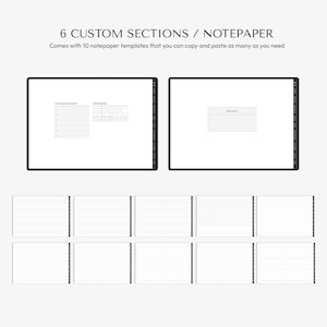 K&ouml;nnte beinhalten: Ein digitaler Bildschirm, der eine Vorlage zum Erstellen von benutzerdefinierten Abschnitten mit 6 Abschnitten und 10 Notizpapier-Vorlagen anzeigt. Die Notizpapier-Vorlagen sind liniert und haben ein Rastermuster.