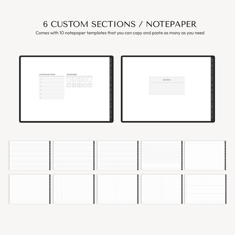 K&ouml;nnte beinhalten: Ein digitaler Bildschirm, der eine Vorlage zum Erstellen von benutzerdefinierten Abschnitten mit 6 Abschnitten und 10 Notizpapier-Vorlagen anzeigt. Die Notizpapier-Vorlagen sind liniert und haben ein Rastermuster.