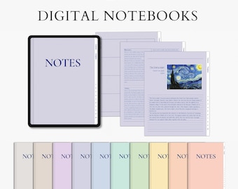 以下が含まれることがあります： 紫と白のデザインのデジタルノート12冊セット。ノートには「NOTES」とラベルが貼られており、番号付きのタブシステムがあります。画像には、星空の油絵が描かれたノートの1冊のクローズアップも表示されています。