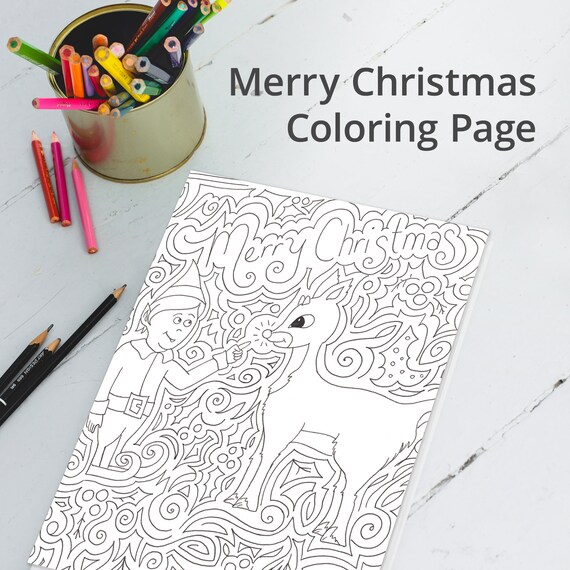 Merry Christmas Coloring Page Elf and Reindeer