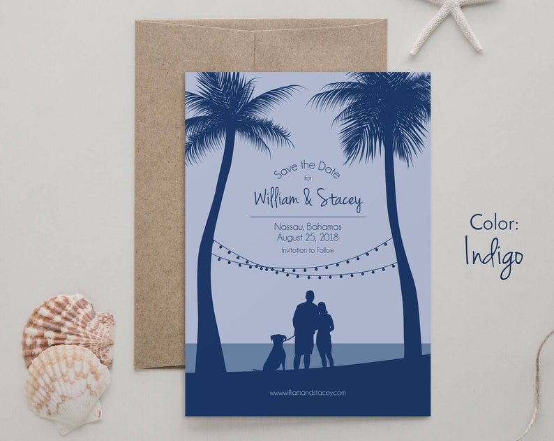 Custom Save The Date Custom Couple Rustic Beach Save the Date Card Palm Trees Drawing Dog String Lights Save The Date Cards