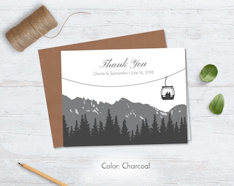 Ski Thank You Cards Template, Gondola Thank You Notes Personalized, Kraft Gray Rustic Chic Colorado Vermont Utah New Hampshire Maine Montana