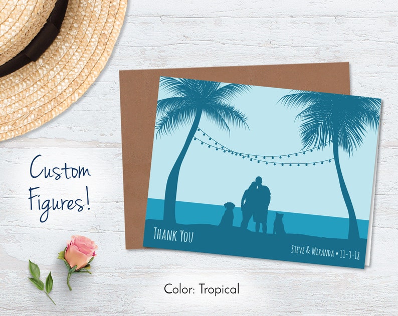 Custom Beach Thank You Cards Personalized Thank You Notes Tropical Destination Wedding Illustrated String Lights Navy Blue Notecards