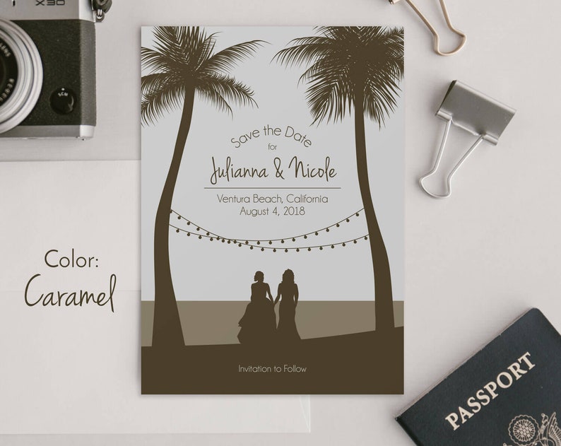 Custom Save The Date Custom Couple Rustic Beach Save the Date Card Palm Trees Drawing Dog String Lights Save The Date Cards