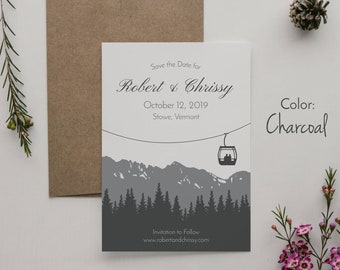 Ski Save the Date Card Template, Ski Save the Date , Snowboard Colorado Chair Lift Gray Mountain Wedding Announcement Recycled Paper Kraft