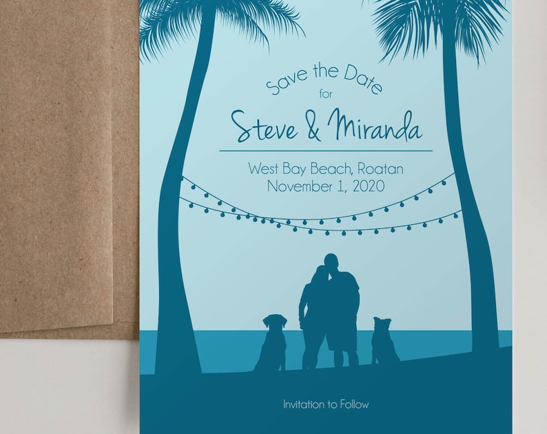 Custom Save The Date Custom Couple Rustic Beach Save the Date Card Palm Trees Drawing Dog String Lights Save The Date Cards