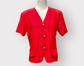 Silk Land Vintage Blouse Collared Button Up Top Red