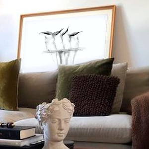 ÜBER DEM BETT SOFA Vogel Wand Kunst Druckbare Vögel Schwarz Weiß Original Bleistift Skizze Zeichnung Graphitstift Vogel Bild Kunstwerk Wohndeko Geschenk