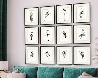 Lot de 12 croquis muraux d'oiseaux : décoration d'intérieur scandinave (imprimable)
