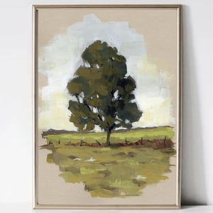 Oak Tree Field Painting Large vertical Old Oak Tree Landscape Art Print Countryside Artwork Farmhouse Kitchen Wall Decor DIGITAL DOWNLOAD