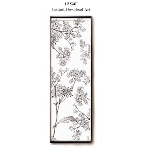 JAPANDI wall art Vertical Tall Long Narrow wall art PRINTABLE Black white Floral sketch art Digital Downloadable zen wall art print 12x36&quot;