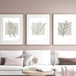 Grey Botanical line art drawing SET 3 Leaves sketch gray PRINTABLE Botany Line Art print Minimalist  neutral Plants Digital Download artwork