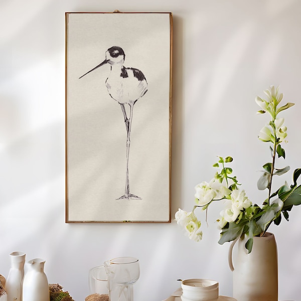 Neutral Stilt Bird sketch vertical Tall Long Narrow wall art print PRINTABLE Nursery wall decor vintage bird drawing wall decor Farmhouse