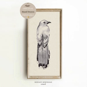 BIRD SKETCH Tall Long Narrow wall art, vertical neutral ,thin wall art PRINTABLE earth tone wall art bird drawing, print digital Download