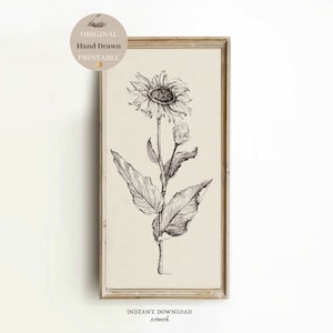 SUNFLOWER Tall Long Narrow wall art vertical Vintage sketch Panoramic wall art PRINTABLE earth tone wall art drawing print digital Download