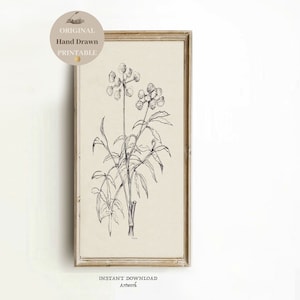 Vertical Tall Long Narrow wall art Vintage sketch Vertical wall art PRINTABLE earth tone wall art floral drawing art print digital Download