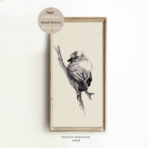 Neutral Bird print Tall Long Narrow wall art vertical BIRD sketch drawing Panoramic wall art PRINTABLE beige artwork print digital Download
