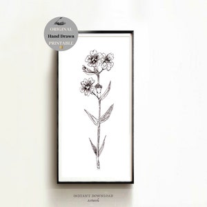 Black and white botanical sketch art print Tall Long Narrow wall art vertical PRINTABLE drawing print Digital Download flower artwork gray