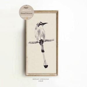 Tall Long Narrow wall art vertical Vintage BIRD sketch Panoramic wall art PRINTABLE earth tone wall art BIRD drawing print digital Download