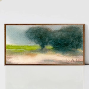 Landscape PANORAMIC wall art Long Narrow print Horizontal Moody green landscape Watercolor Painting Printable Digital Download HAND PAINTED