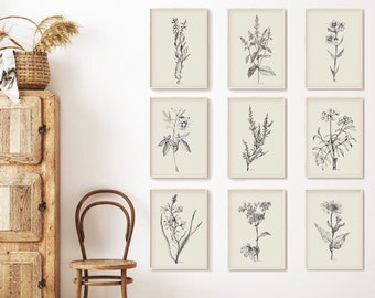 Neutral Botanical Download Floral Vintage Black and White Flower Sketch SET 9 PRINTABLE Wall Set Nine Digital Botany Drawing Hand Drawn