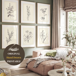 Kräuter-Skizze Schwarz-Weiß-Vintage-Botanischer Druck Kräuter-Set von 6 Kräuterwandkunst, Küchen-Druck-Set sechs Kräuterposter Kräuterzeichnung DRUCKBARE Kunst