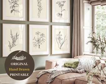 Black White Vintage BOTANICAL print SET of six prints vintage Flower Gallery wall set 6 PRINTABLE antique Floral botany sketch art drawing