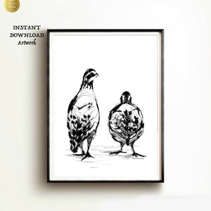 Quail hand drawing Quail sketch POSTER PRINTABLE, California State Bird Wall Art Print, Bird Watcher lover gift, black and white grey gray