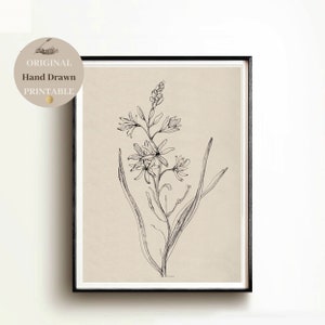 Neutral Botanical DOWNLOAD Floral Vintage black and white flower sketch PRINTABLE wall illustration floral digital botany drawing HAND drawn