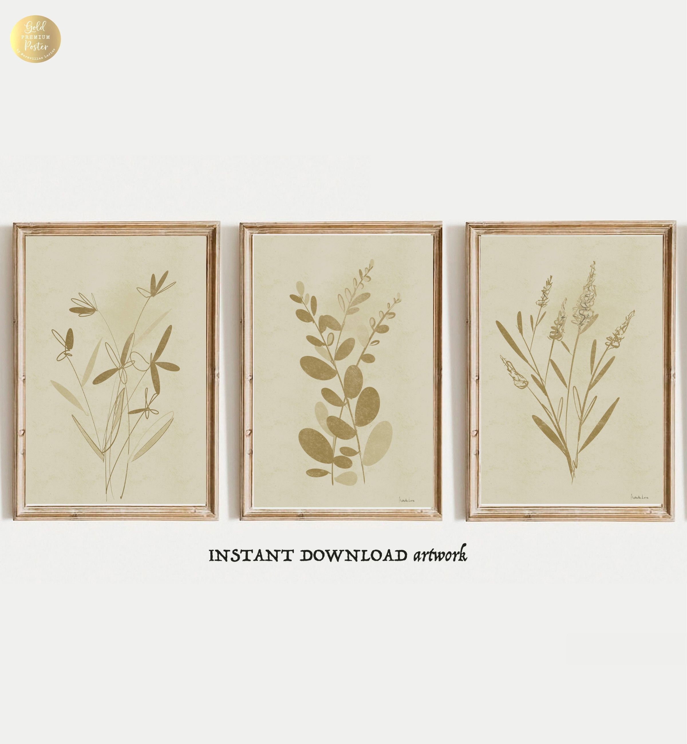 Neutral Plant Herb Wall Art PRINTABLE, Botanical Line Art, Set of 3 ...
