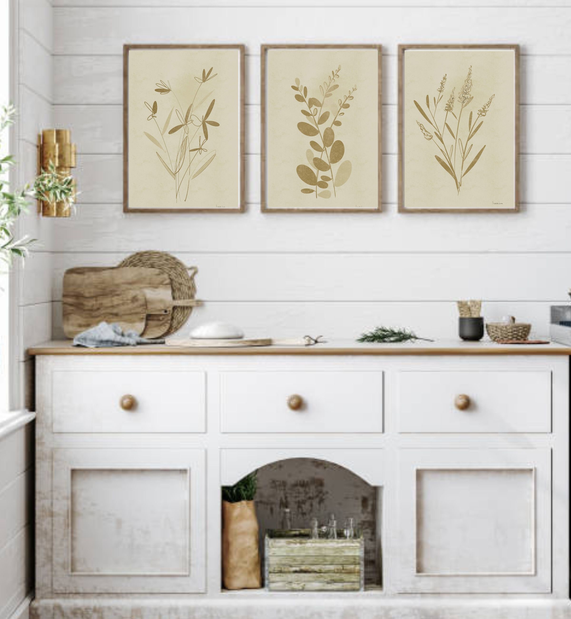 Neutral Plant Herb Wall Art PRINTABLE, Botanical Line Art, Set of 3 ...