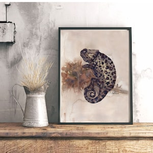 Rustic Watercolor Chameleon Wall Art, Neutral Chameleon Print, Reptile Artwork, Earthy Tones Lizard Animal Poster,Wildlife Decor Download