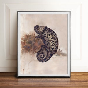 Original Chameleon Watercolor Painting Print Art PRINTABLE- Neutral Reptile Picture Illustration,Large wildlife animal artwork, DOWNLOADABLE