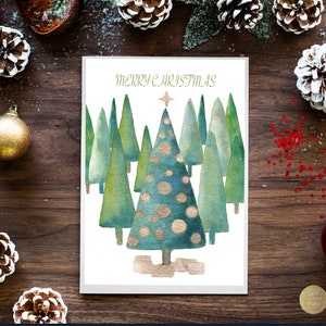 Árvore de Natal, cartão de Natal para impressão, cartão de Natal em aquarela, cartão para impressão, cartão de Natal em branco, PDF
