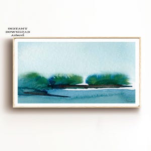 May include: Abstract watercolor painting of a landscape with a blue sky and green trees. The trees are in the foreground and the sky is in the background. The painting is framed in a light wood frame.