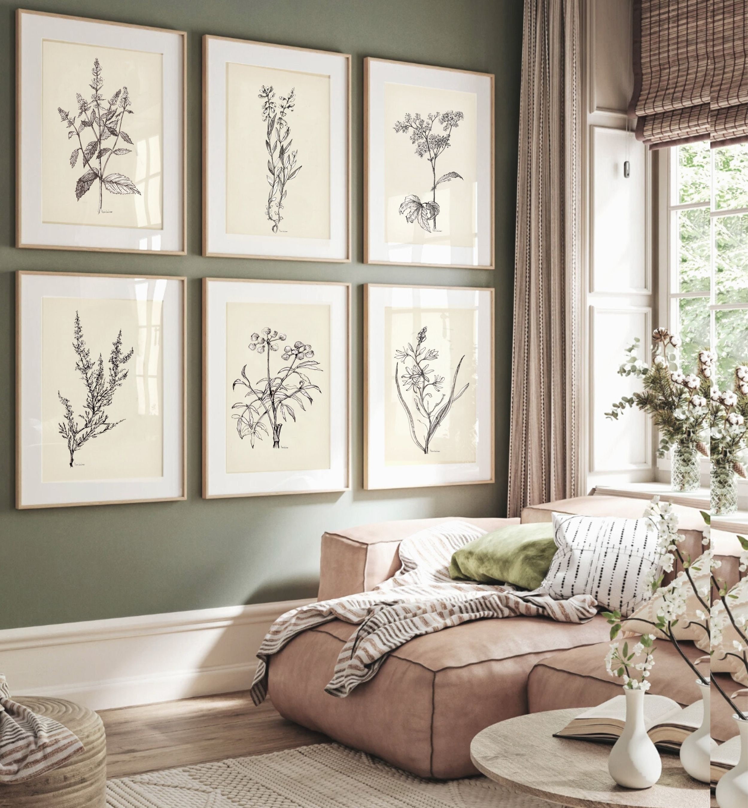 Neutral Vintage Floral Black and white Botanical sketch Download set 6 Gallery wall Set six Vintage wild Flower Drawing beige PRINTABLE