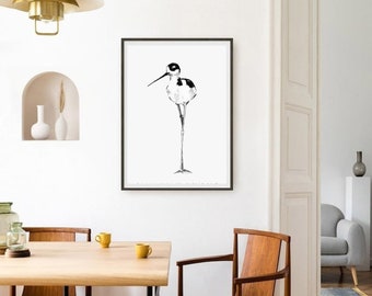 Minimalist Wading Bird Drawing in Black and White | Clean Line Art | Digital Download for Modern Home Decor,Office Wall Art,Minimalist Style