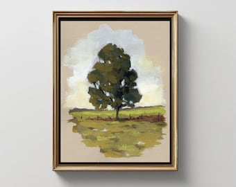 Pintura de campo de roble, gran roble viejo, impresión artística de paisaje vertical, obra de arte campestre, decoración de pared de cocina de granja, descarga digital