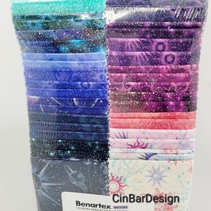 Celestial, Jelly Roll Fabric, Celestial Skies, Benartex, 40 pc-2.5" x 44" strips, purples & blue, shining stars, moon NEW, Back in Stock!!