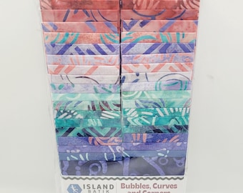 Batik Jelly Roll, 40 pc-2.5×42 Batik strips, Bubbles, Curves, Corners, Quilt, crafts, cotton, purples, blues, reds